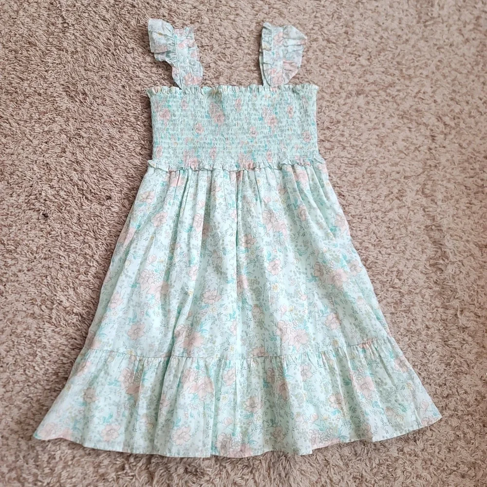 Janie and Jack Floral Sun Dress Girls 14 Mint Green Smocked Ruffle Tiered Cotton